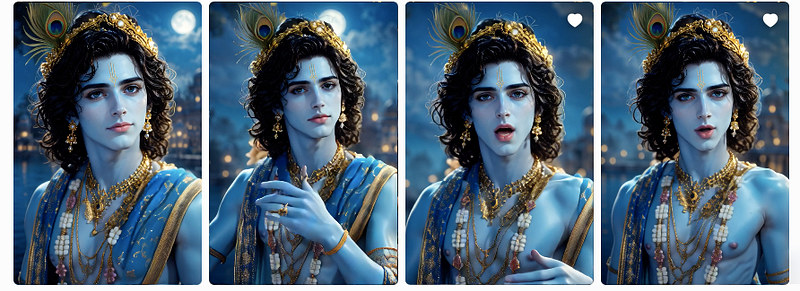 Beautiful curly-haired blue-skinned Krishna in ornate gold jewellery, peacock-feather backdrop, moonlit night, with a glowing hand.