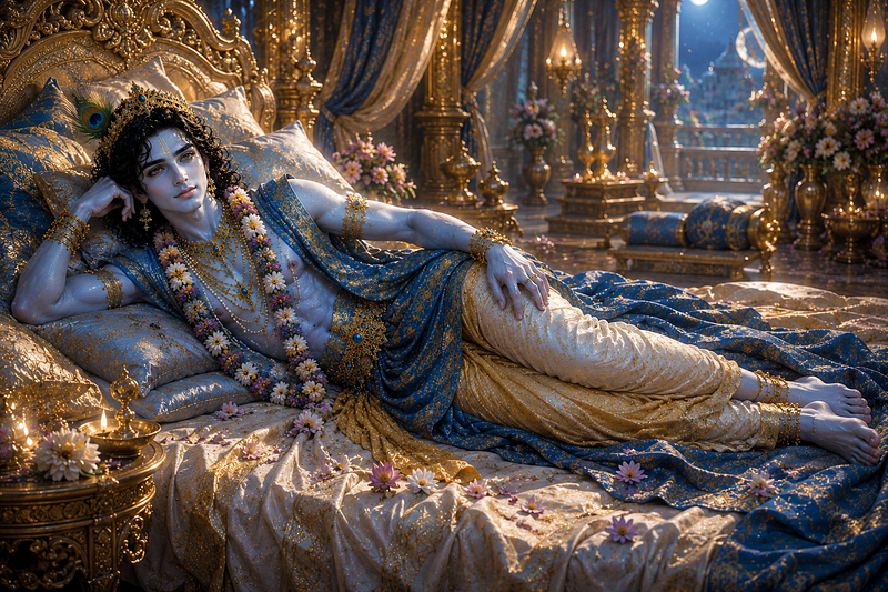 Beautiful, blue skinned blue-draped Krishna reclining on ornate golden bed, surrounded by flowers, candles, and glowing curtains.
