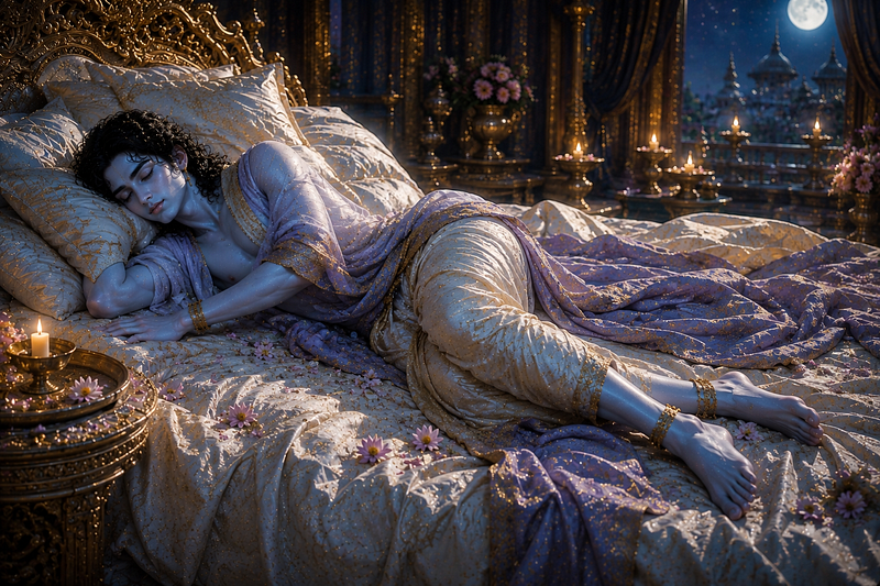 Beautiful sleeping Krishna in ornate blue-and-gold clothes on a lavish bed, candles and moonlit palace background.