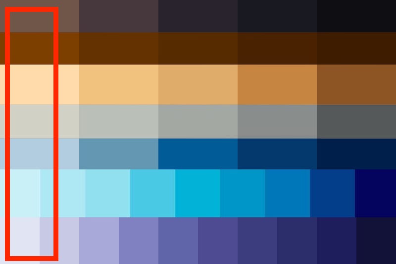 Color palette grid with stacked rectangular swatches in browns, grays, blues, and purples, highlighted by red border.