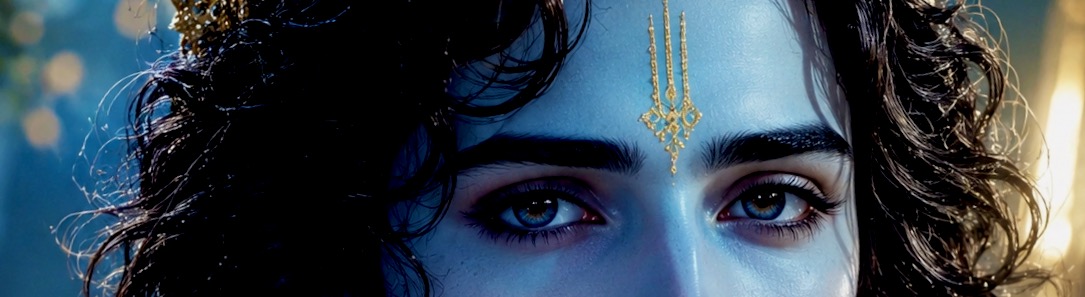 Close-up of Krishna’s blue face with blue lighting, jewelled forehead ornament, and intense black eyes.