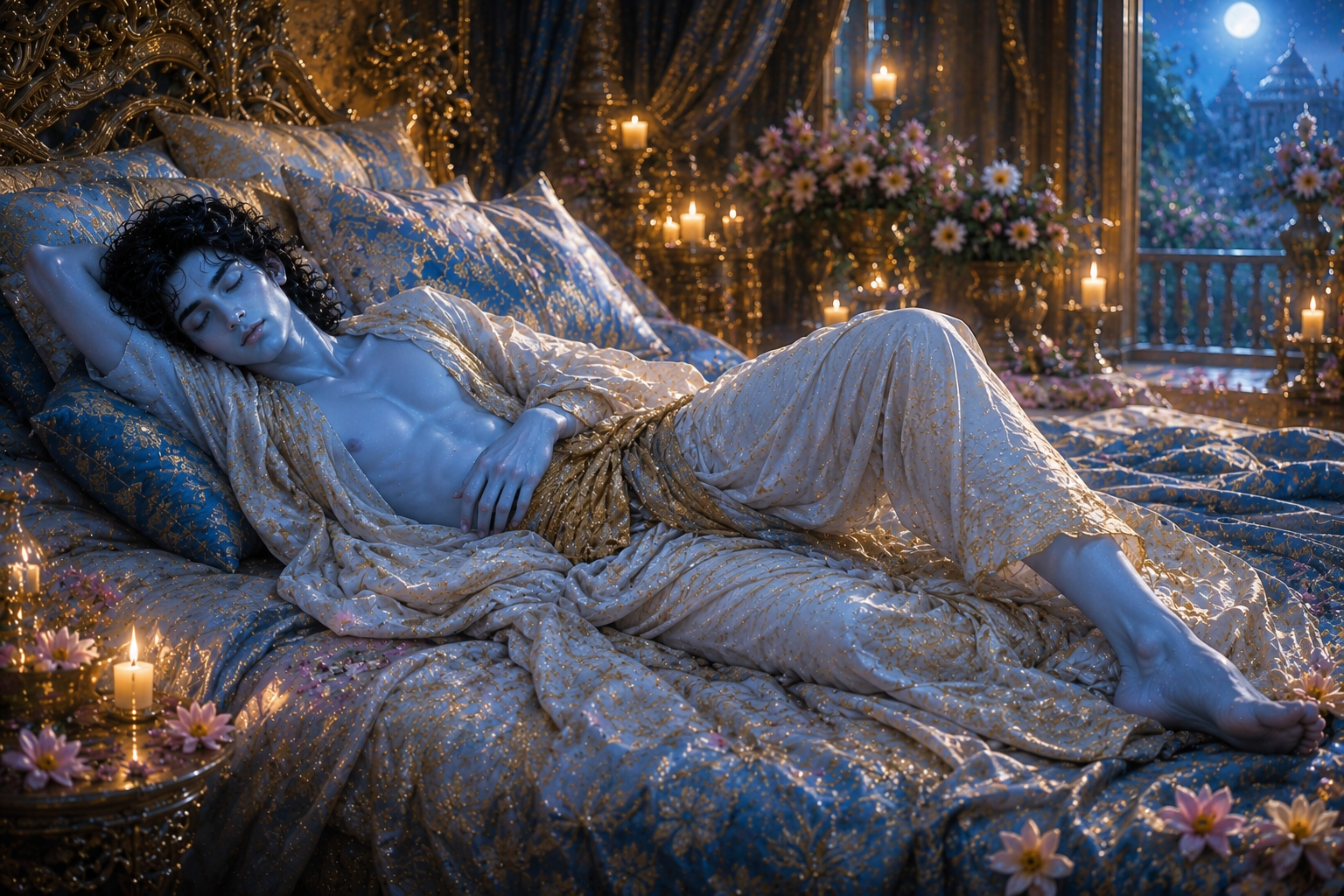 Sleeping blue-skinned Krishna in ornate blue-and-gold robes, lying on a gilded bed, candles and flowers glowing.