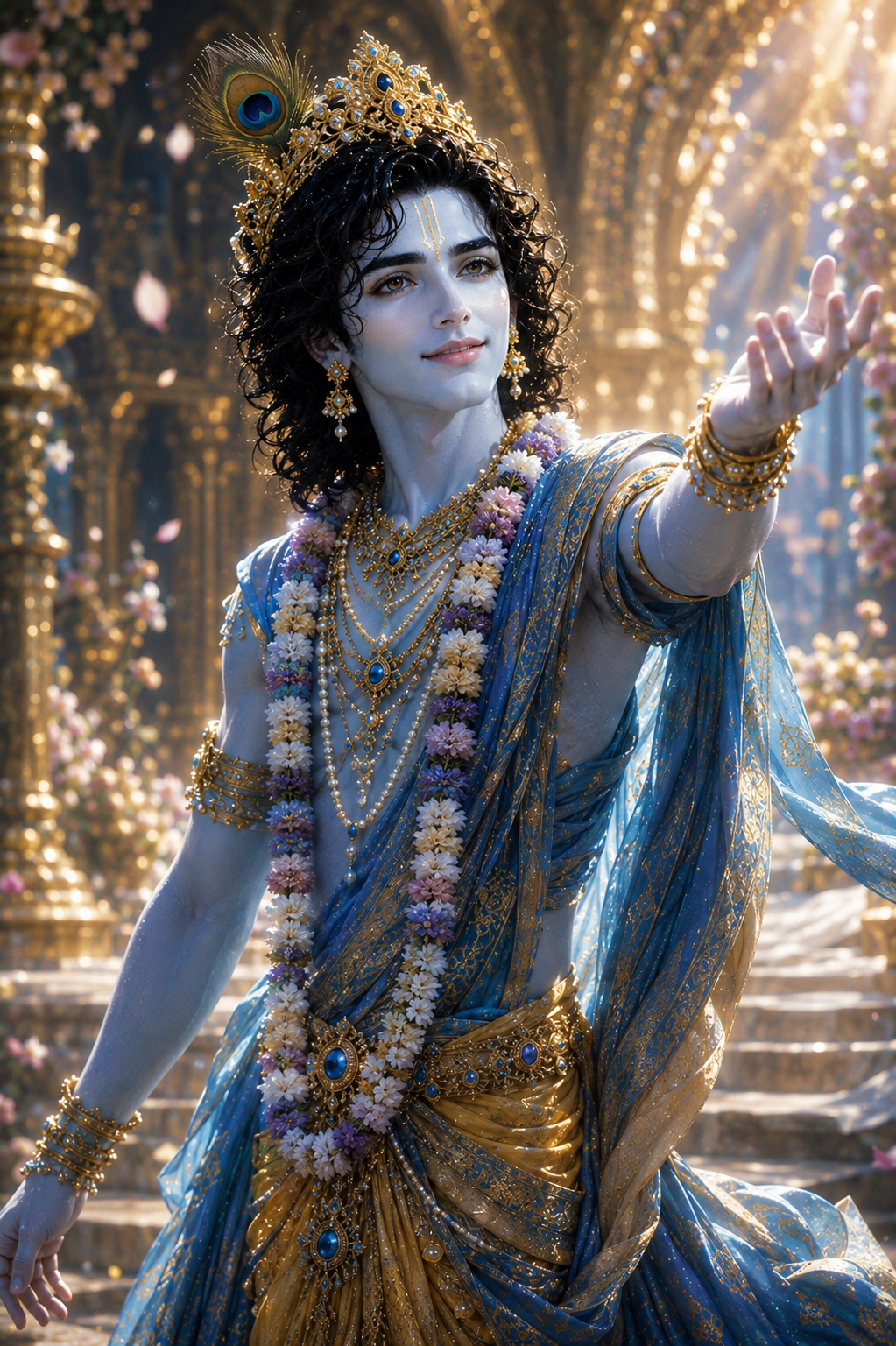 Blue-skinned beautiful Krishna with jewelled crown, peacock feather, floral garlands, and raised hand amid golden confetti.
