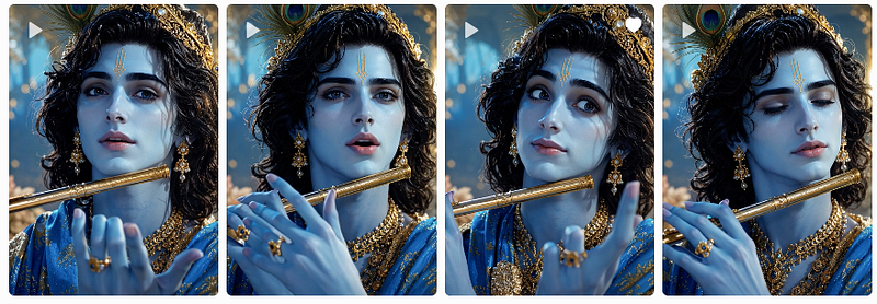Four-panel portrait of a blue-skinned beautiful Krishna with ornate jewellry, holding a golden sword, outdoors.