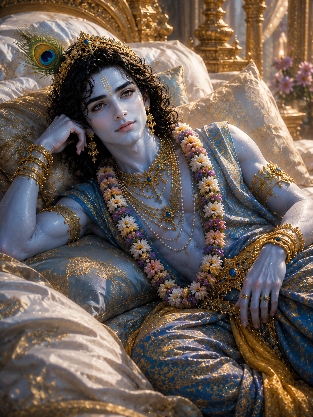 Curly-haired blue skinned beautiful Krishna in ornate blue-and-gold attire, peacock feather crown, resting on throne with floral garlands.
