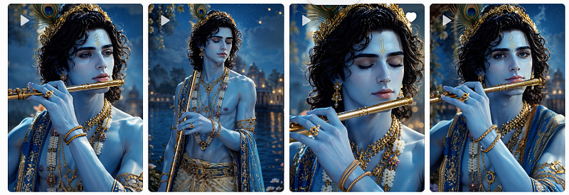 Four panels show a blue-skinned beautiful Krishna with curly hair, gold jewellry, and a flute at night.