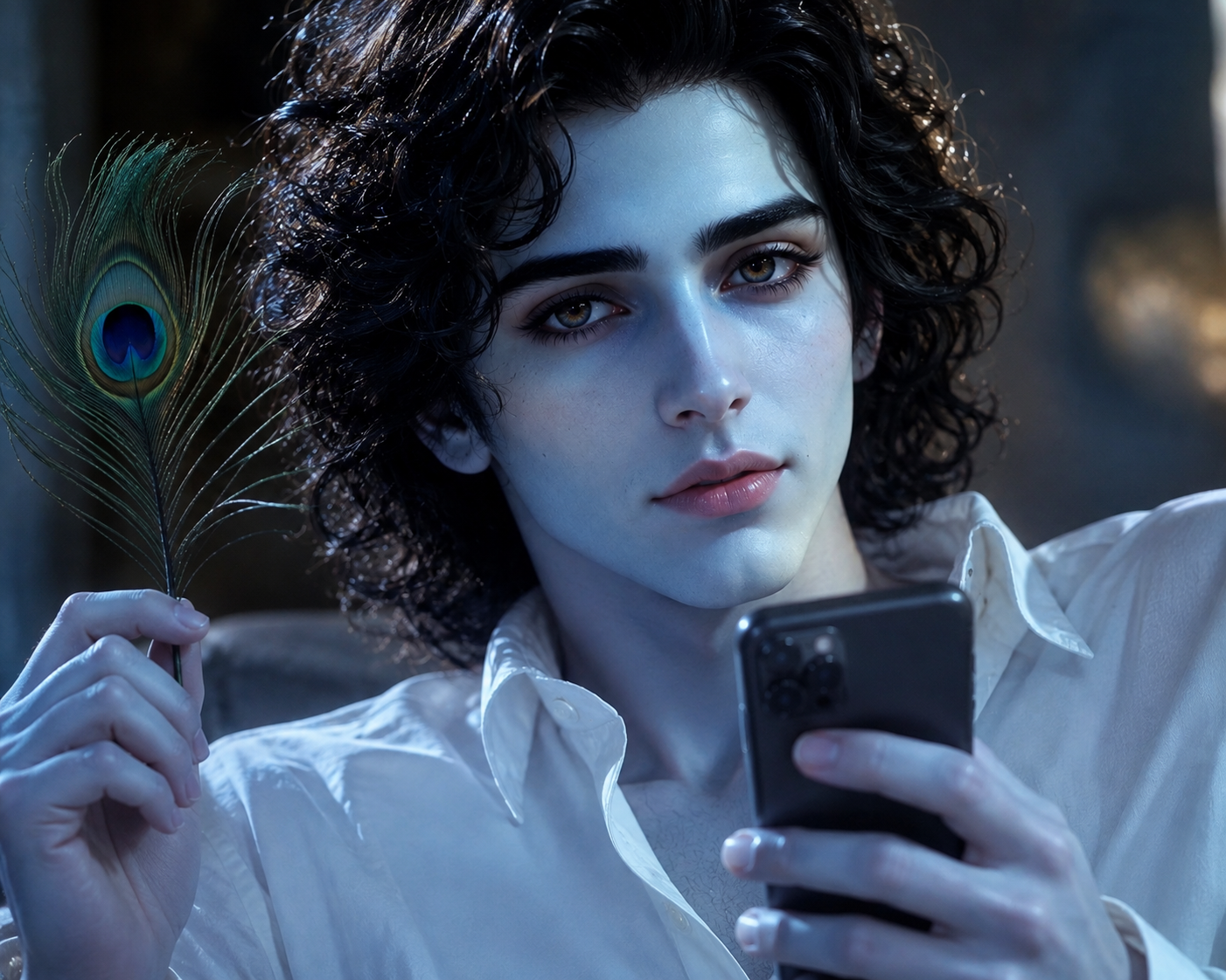 Beautiful blue skinned modern Krishna with curly dark hair holding a smartphone, peacock feather in a hand in cool blue lighting.